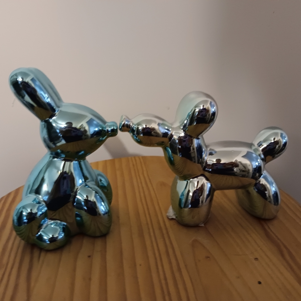 TWO 3" Balloon Dog Blue Silver Medium Modern Pop Art Balloon Animal Sculpture